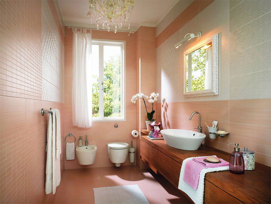 Персиковый цвет в интерьере ванной