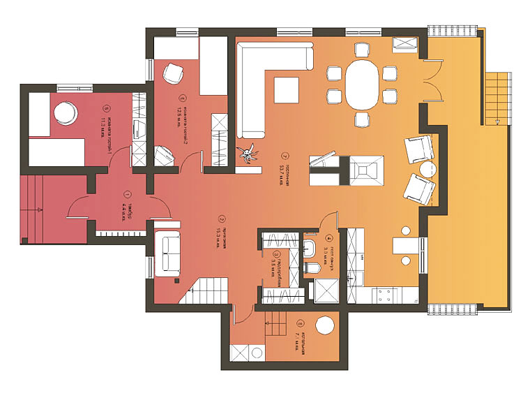 Архитектурный проект дома 215 кв.м: план первого этажа