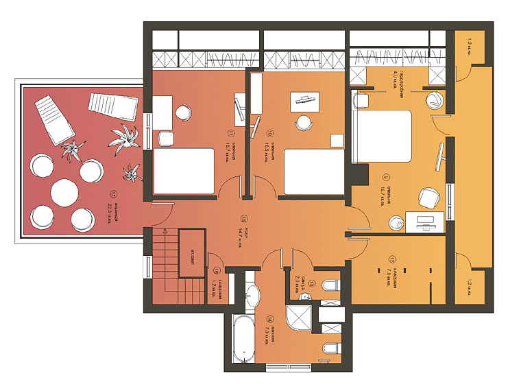 Архитектурный проект дома 215 кв.м: план второго этажа