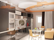Дизайн потолка в кухне квартиры 95 кв.м