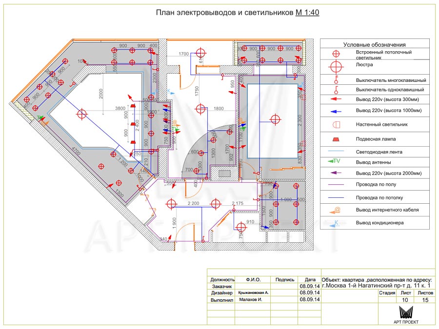 План электровыводов в дизайн-проекте двухкомнатной квартиры 105,3 кв.м