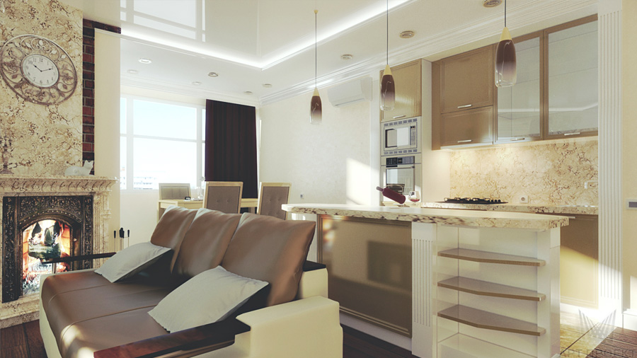 Дизайн интерьера совмещенной гостиной в двухкомнатной квартире 105,3 кв. м