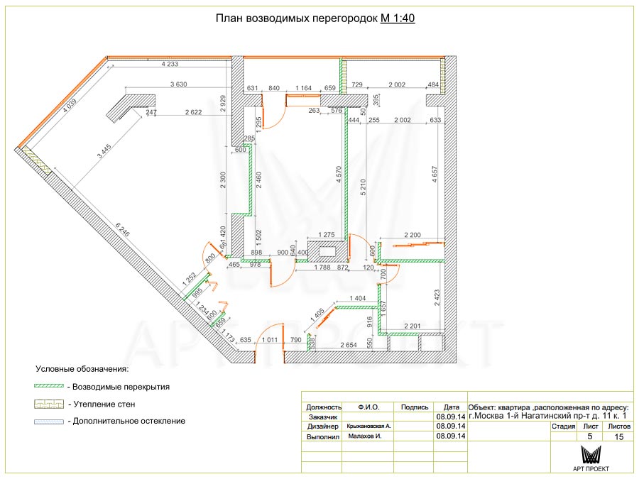План возведения перегородок в дизайн-проекте двухкомнатной квартиры 105,3 кв.м