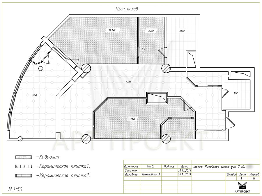 Дизайн-проект интерьера двухкомнатной квартиры 135 кв.м - план полов