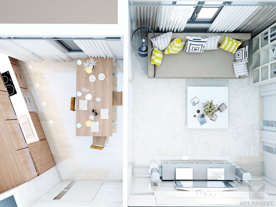 Дизайн-проект интерьера квартиры 58,6  кв.м - вид сверху на кухню
