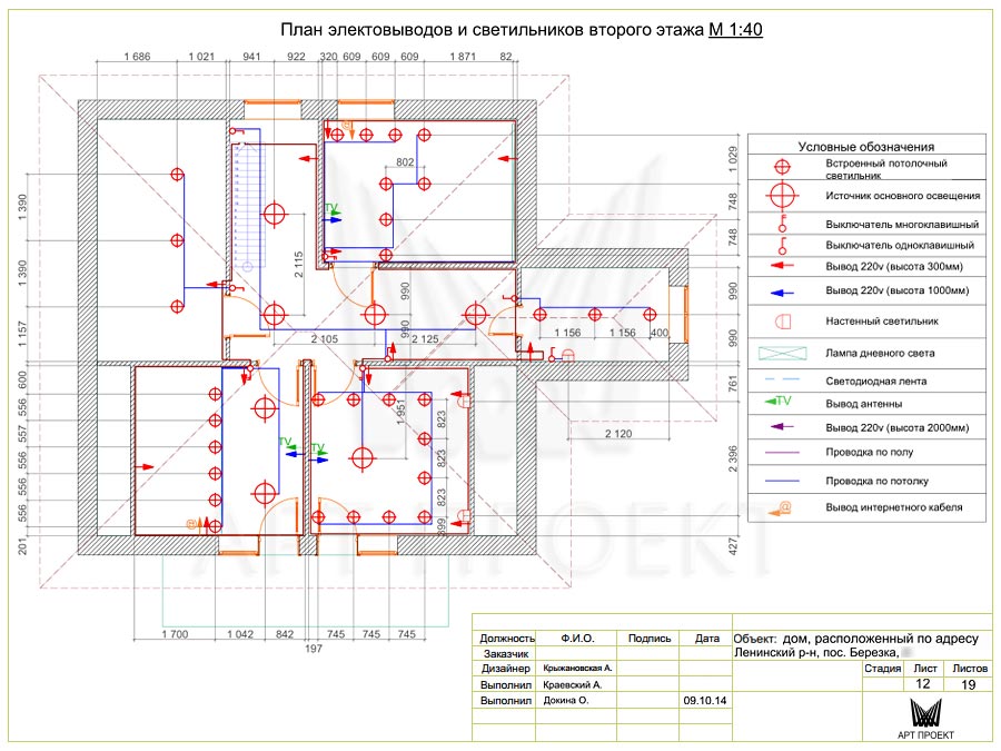 План электровыводов и светильников. Дизайн-проект дома 182,4 кв.м - 2-ой этаж