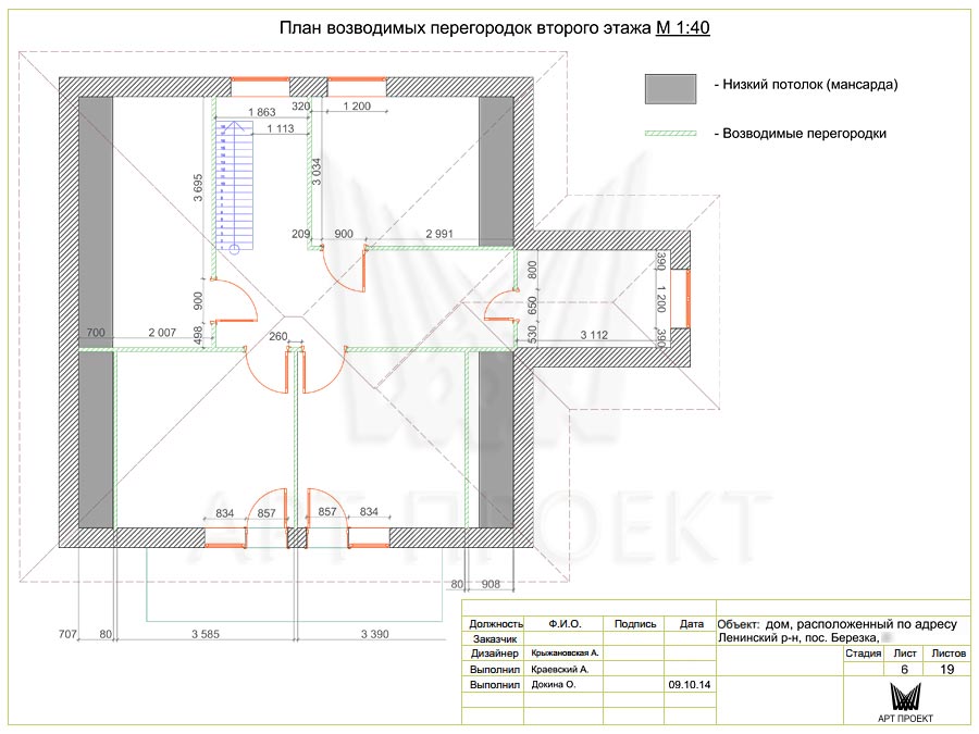 План возводимых перегородок в дизайн-проекте дома 182,4 кв.м - 2-ой этаж