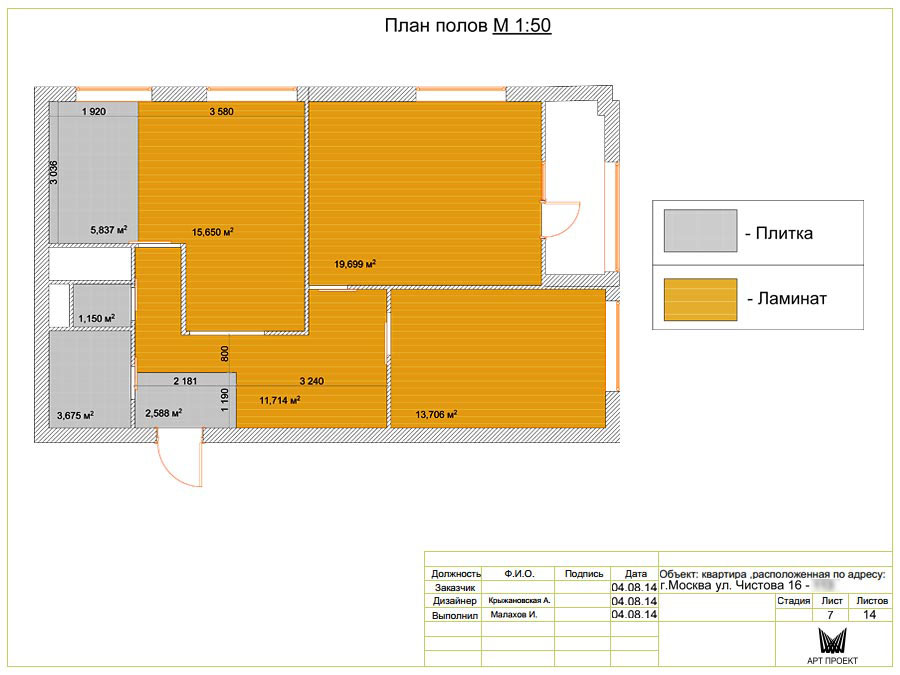 План полов в дизайн-проекте трехкомнатной квартиры 78,5 кв.м