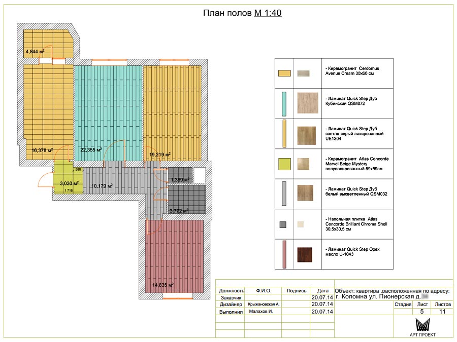 План полов в дизайн-проекте трехкомнатной квартиры 95 кв.м