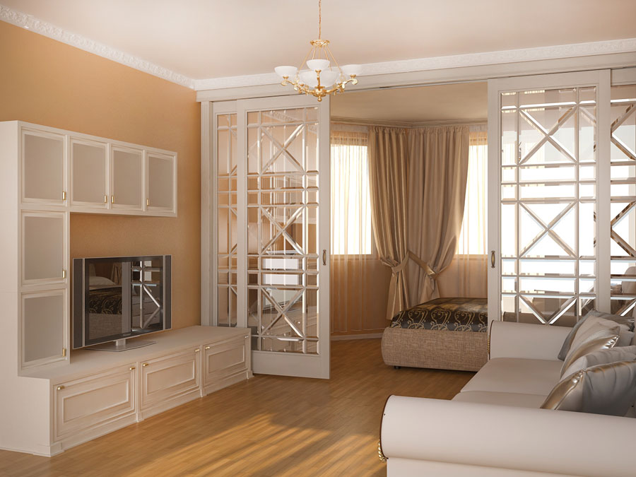 Дизайн интерьера гостиной-спальни в двухкомнатной квартире 58,2 кв.м