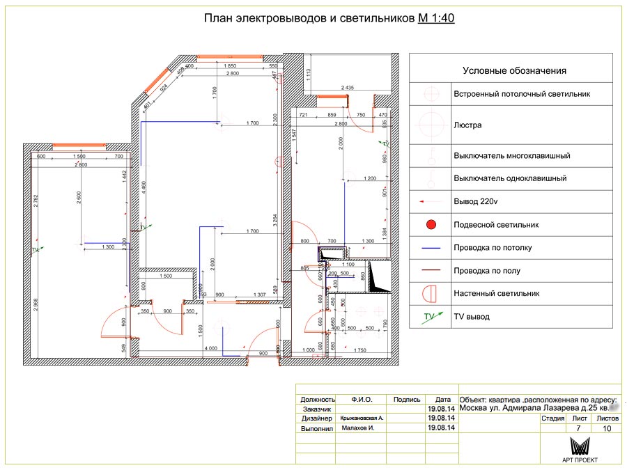 План электровыводов в дизайн-проекте двухкомнатной квартиры 58,2 кв.м