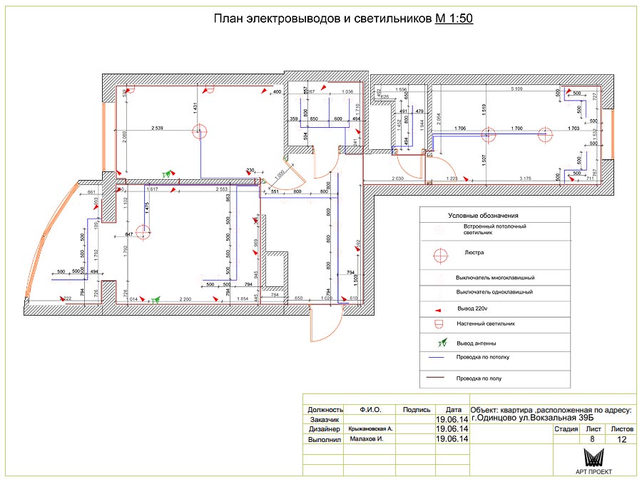 План электровыводов в дизайн-проекте двухкомнатной квартиры 73 кв.м