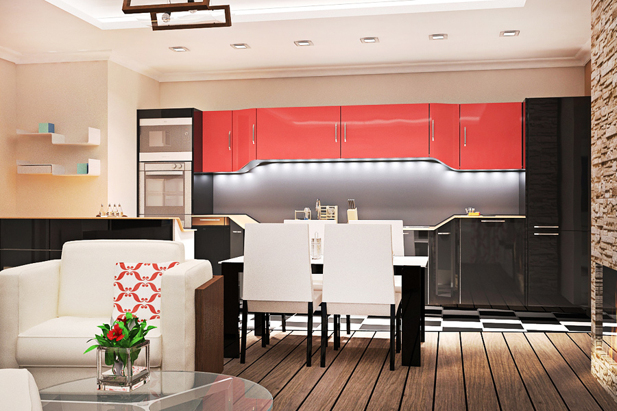 Дизайн-проект интерьера трехкомнатной квартиры 91 кв.м: гостиная-кухня